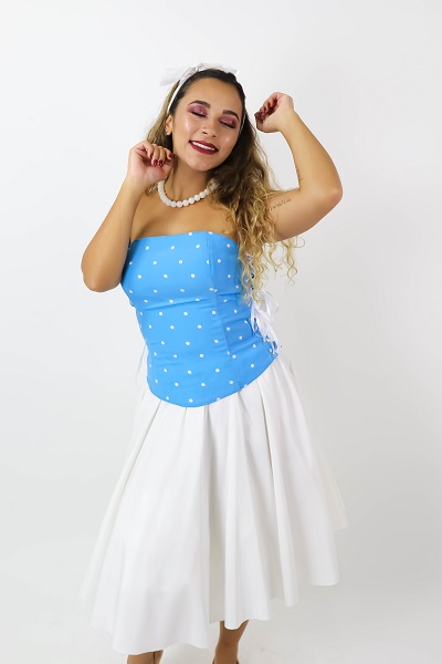 50s Corpete azul bola saia branca 